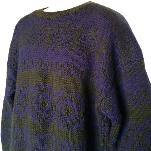 Vintage Claiborne Sweater Mens Size XL Wool Chunky Knitted By Hand Blue Green - Picture 2 of 9